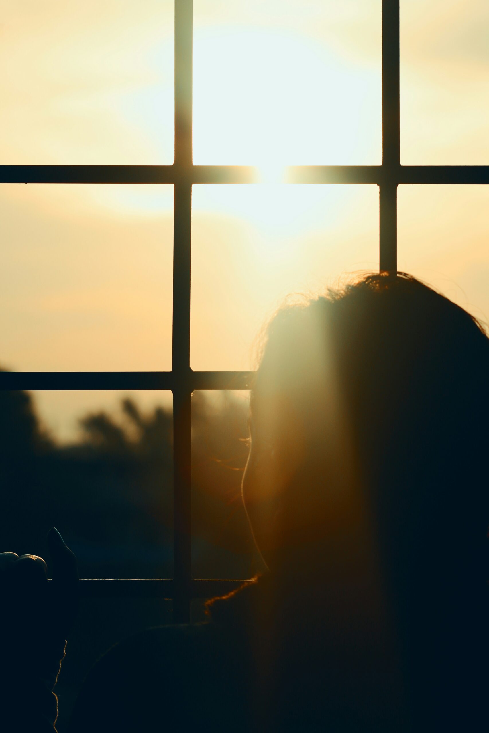 Silhouette of a woman looking out through a window at the sunset, with sunlight streaming through the bars, symbolizing reflection, pause, and finding peace in stillness.