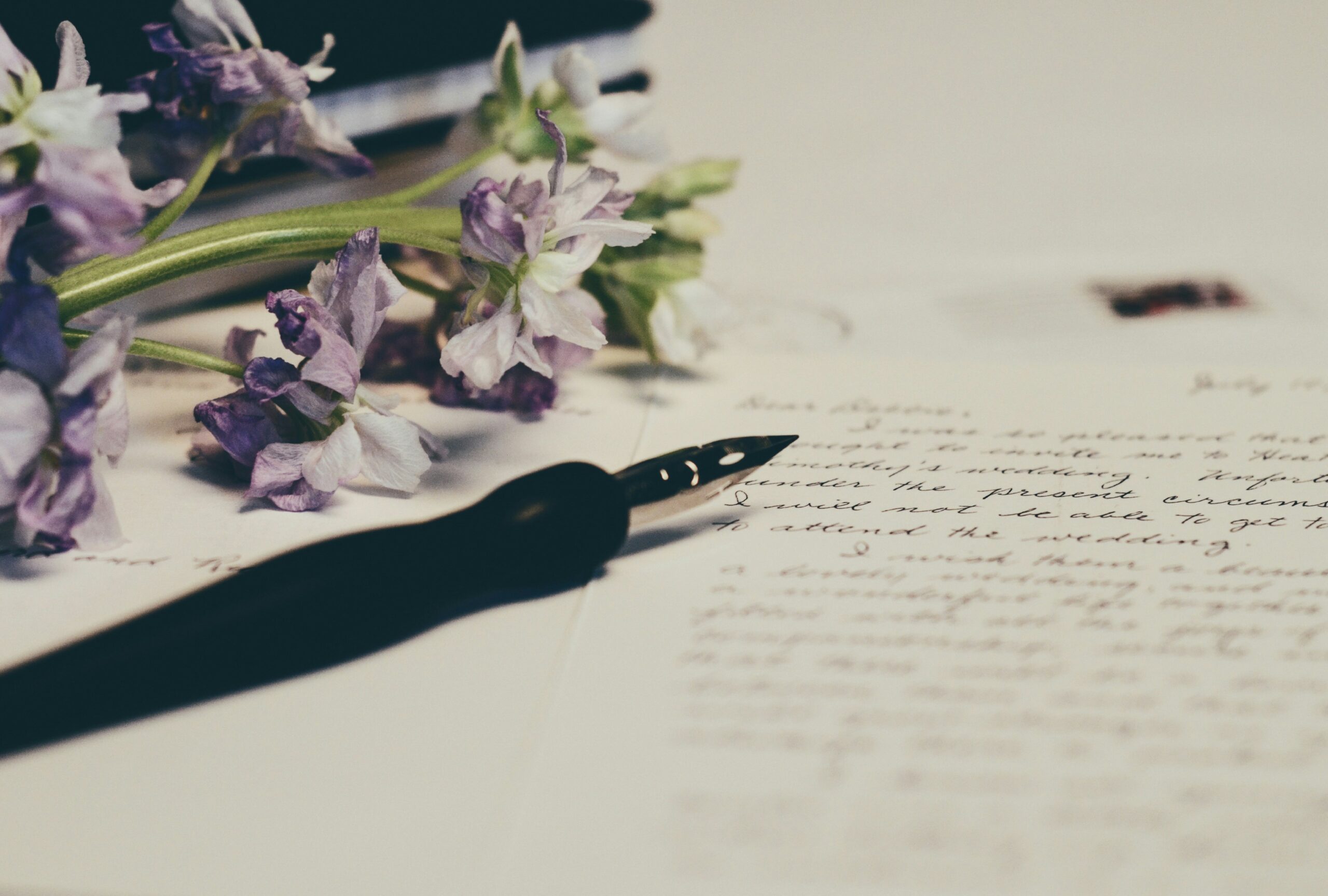 Fountain pen resting on a handwritten letter with soft lavender flowers nearby, symbolizing reflection, faith, and waiting on God.