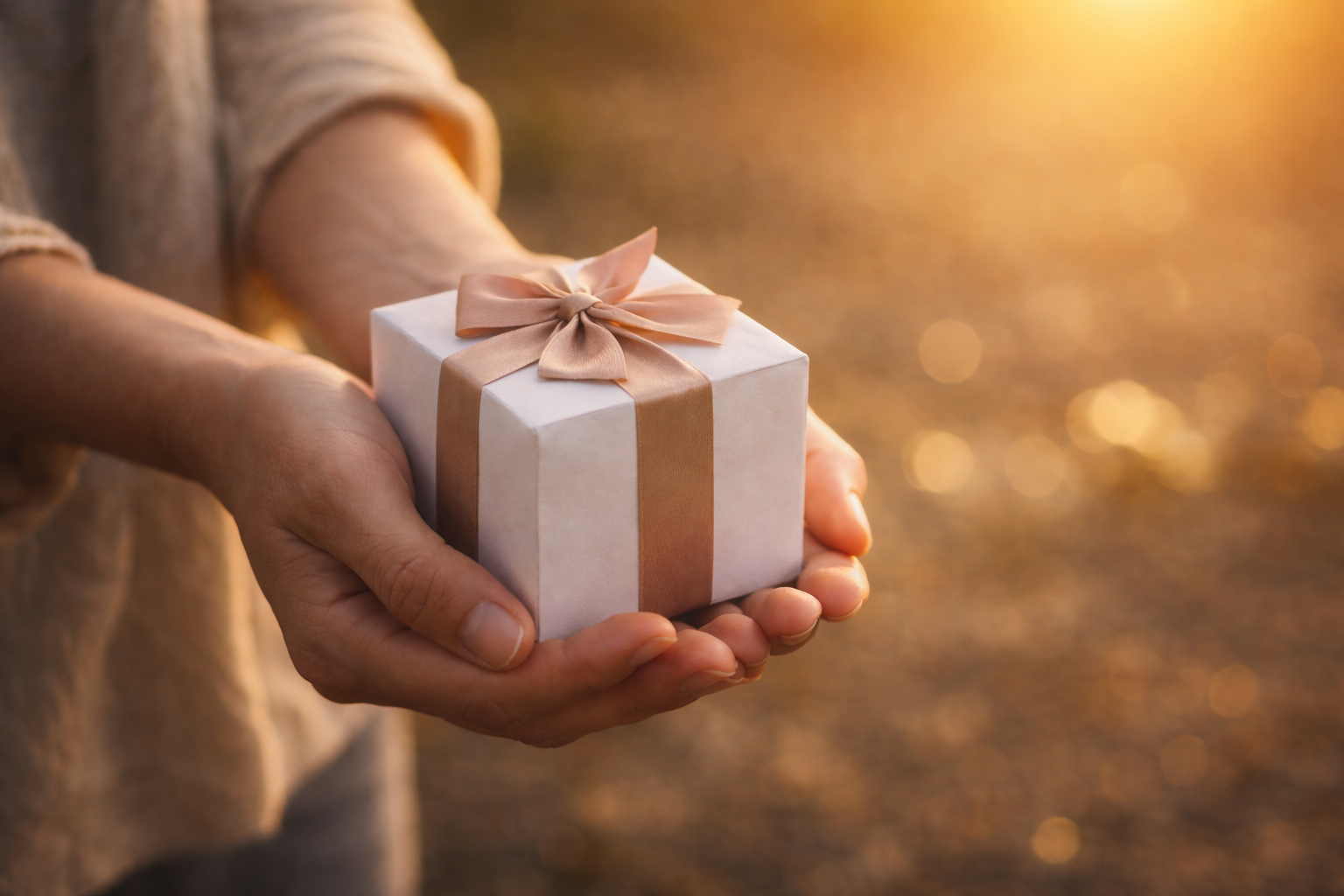 Hands holding a gift box at sunset, symbolizing restoration through intercession, surrender, and praying for others even when it costs us.