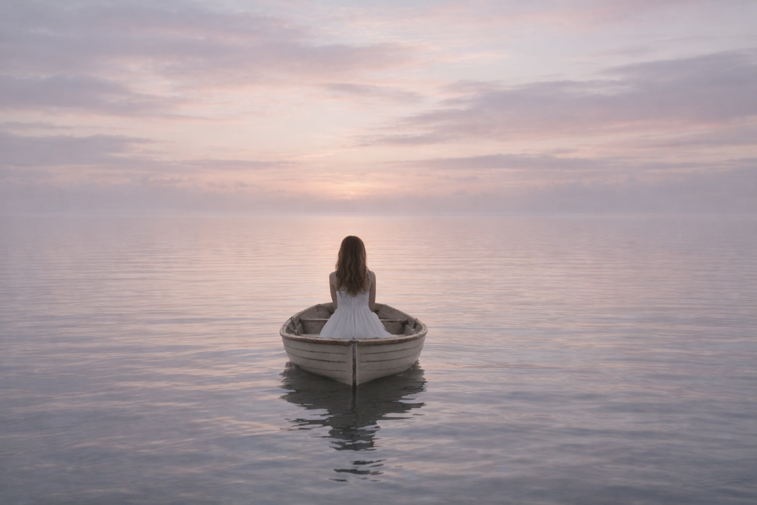Woman sitting alone in a small boat on calm water at sunrise representing feeling safe with God
